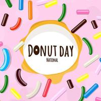 National Donut day text in cartoon style  with in pink glaze with multi-colored pastry topping Vector illustration