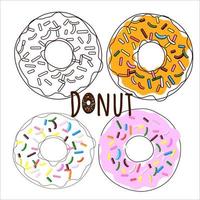 Sweet donut set of  traditional american sweet dessert  in cartoon style isolated on a white background for menu design, cafe decoration,  Vector illustration