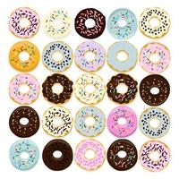 Sweet donut set of  traditional american sweet dessert  with colorful glaze and sprinkles isolated on a white background for menu design, cafe decoration, delivery box. Vector illustration