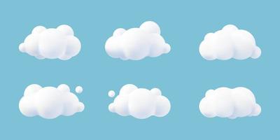 3D Render de un conjunto de nubes aisladas sobre fondo azul. icono de maqueta de nubes esponjosas de dibujos animados redondos suaves. Ilustración de vector de formas geométricas 3d