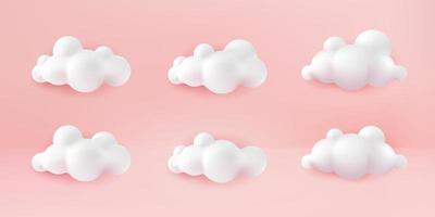 3d render of a clouds set isolated on pink background. Soft round cartoon fluffy clouds mock up icon. 3d geometric shapes vector illustration
