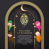 welcome to ramadan greeting card. social media template. cute muslim cartoon character vector