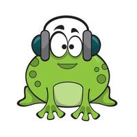 Cute frog listening music with headphone. Cute cartoon animal illustration. vector