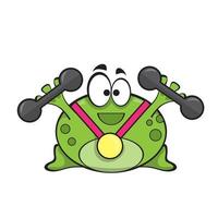 Cute frog with gold medal and dumbbell doing fitness exercise, cartoon character