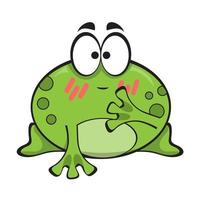 Cute embarrassed green frog, cartoon character isolated on white background