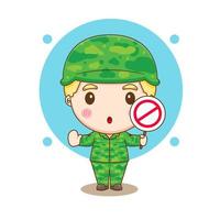 Cute soldier holding stop sign chibi cartoon character vector