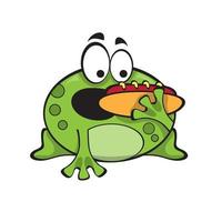 Cute green frog with hot dog, cartoon character isolated on white background vector