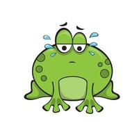 Cute sad frog sitting and crying. Green funny cartoon frog character vector
