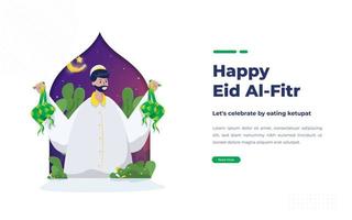 Muslims celebrate Eid Mubarak with eating ketupat tradition vector