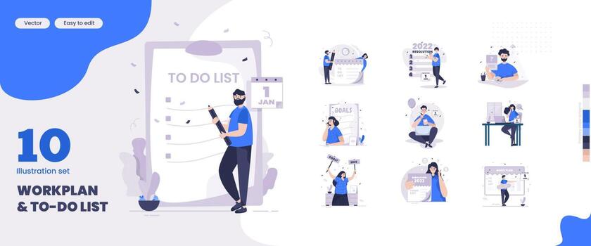 ilustración de resolución de año nuevo establecida para el plan de trabajo y el concepto de lista de tareas vector