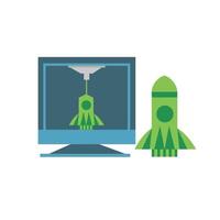 3D Printer making rocket model in cartoon flat style isolated on white vector