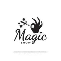 espectáculo mágico varita mágica mano icono vector plantilla, emblema