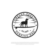 Surfing dog silhouette logo with signboard, frills, in round shape