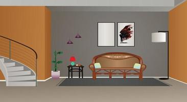 Modern room inside Vector illustration of living room with furniture. Cozy interior with sofa, stairs, table, vase and lamp