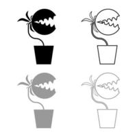 planta carnívora atrapamoscas monstruo con dientes en maceta icono contorno conjunto negro gris color vector ilustración estilo plano imagen