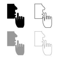 Keep silence concept Man shows index finger quietly Person closed his mouth Shut his lip Shh gesture Stop talk please theme Mute icon outline set black grey color vector illustration flat style image