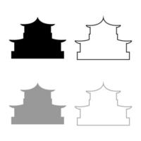 Chinese house silhouette Traditional Asian pagoda Japanese cathedral Facade icon outline set black grey color vector illustration flat style image
