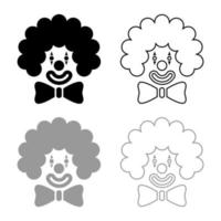 cabeza de cara de payaso con lazo grande y pelo rizado circo carnaval divertido invitar concepto icono contorno conjunto negro gris color vector ilustración estilo plano imagen