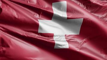 Switzerland flag slow waving on the wind loop. Swiss banner smoothly swaying on the breeze. Full filling background. 20 seconds loop. video