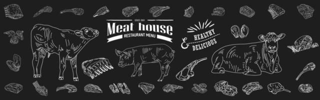 Vintage Butcher shop hand-drawn on a black chalkboard background. vector