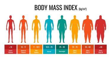 BMI classification chart measurement man set. Male Body Mass Index infographic with weight status from underweight to severely obese. Medical body mass control graph. Vector eps illustration