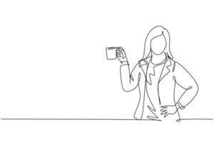 One continuous line drawing of young business manager in casual suite take a standing pose while holding a cup of coffee drink. Drinking concept single line vector draw design graphic illustration