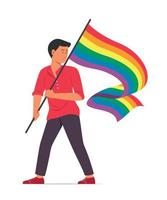 hombre que sostiene una bandera del arco iris para el movimiento lgbt. vector