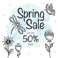 banner de venta de primavera con flores, mariposas y libélulas vector