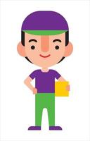 Flat design delivery man character in uniform carrying parcel and with hand on waist. Vector character