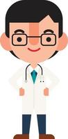 Flat design doctor character in uniform with hands on waist. Vector character