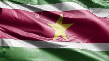 Suriname textile flag slow waving on the wind loop. Surinamese banner smoothly swaying on the breeze. Fabric textile tissue. Full filling background. 20 seconds loop. video