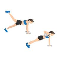 Woman doing alternating plank row leg raise exercise. Flat vector illustration isolated on white background