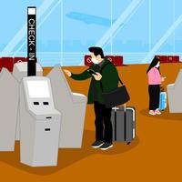 the Passengers check in by automatic machines in airport vector