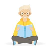 Happy smiling boy with glasses reading book, sits with a book in his hands. vector