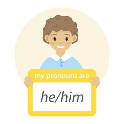 Boy holding sign with gender pronoun. He him pronouns. Isolated on white background.