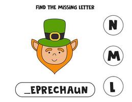 Find missing letter with cartoon leprechaun. Spelling worksheet. vector