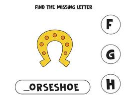 Find missing letter with cartoon horseshoe. Spelling worksheet. vector