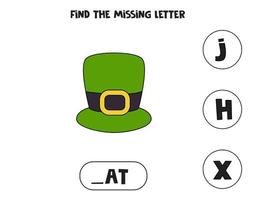 Find missing letter with cartoon hat. Spelling worksheet. vector