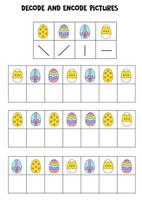 Decode and encode pictures. Write the symbols under cute Easter eggs. vector