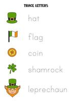 Tracing words of Saint Patrick day symbols. Writing practice. vector