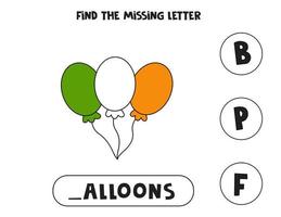 Find missing letter with cartoon balloons. Spelling worksheet. vector