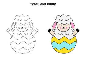 Trace and color cute Easter sheep. Worksheet for children. vector