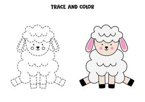 Trace and color cute Easter sheep. Worksheet for children. vector