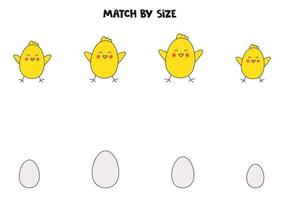 Matching game for preschool kids. Match Easter chickens and eggs by size. vector