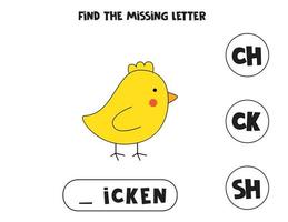 Find missing letter with cute Easter chicken. Spelling worksheet. vector