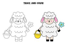 Trace and color cute Easter sheep. Worksheet for children. vector