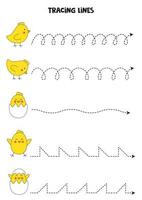 Tracing lines with cute Easter chicks. Writing practice. vector
