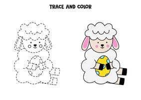 Trace and color cute Easter sheep. Worksheet for children. vector