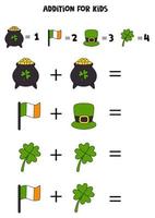 Addition for kids with Saint Patrick Day symbols. vector