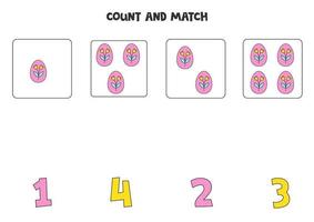 Counting game for kids. Count all Easter eggs and match with numbers. Worksheet for children. vector